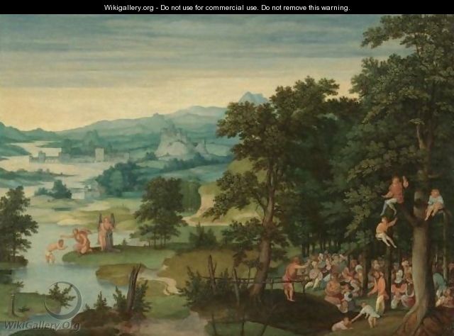 A River Landscape With St John The Baptist Preaching And The Baptism Of Christ - (after) Cornelis Massys