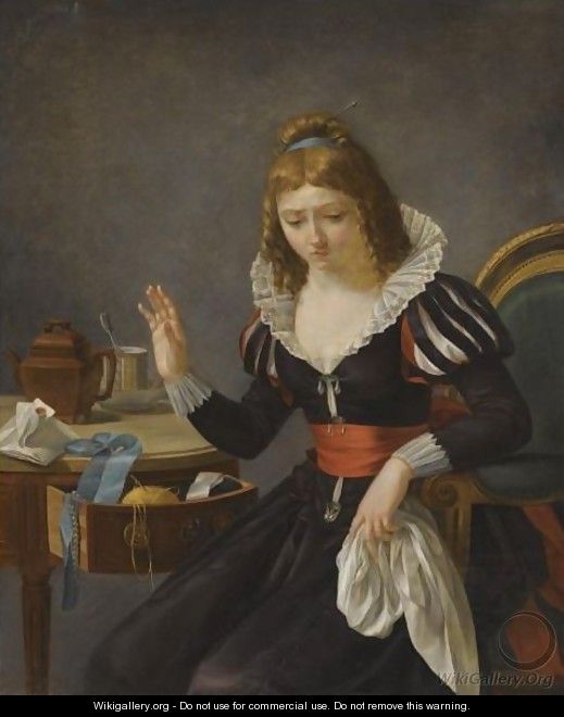 An Elegantly Dressed Lady Seated At A Table And Holding A White Hankerchief - Francois Maury