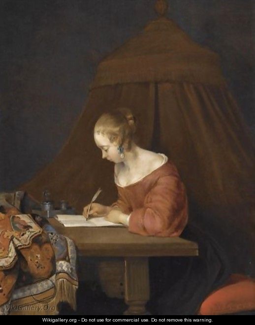 A Young Lady Writing At Her Desk - (after) Gerard Ter Borch