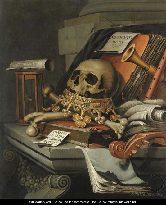 A Vanitas Still Life With A Skull Surmounting A Crown, Books, Scrolls, An Hour-Glass, A Violin And Other Musical Instruments, All Resting Upon A Stone Ledge - Edwart Collier