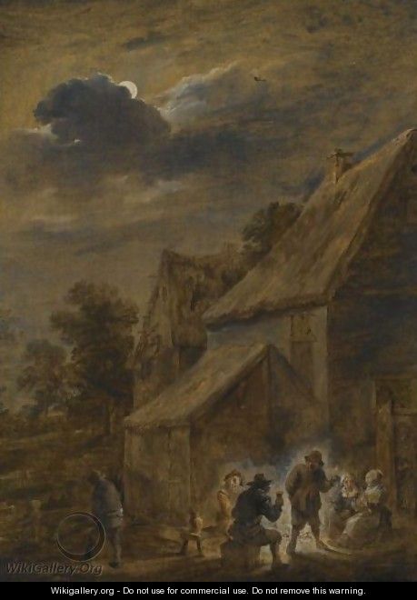 A Nightscene With Peasants Making Merry Outside An Inn - (after) David The Younger Teniers