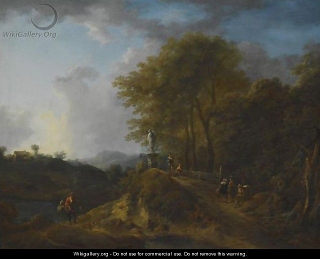 A Wooded River Landscape With Travellers And A Fisherman In The Foreground - Flemish School