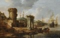 A Capriccio Of A Mediterranean Harbour With Elegant Figures Embarking A Boat, A Roman Triumphal Arch, And Dutch Men-Of-War Beyond - Jan Abrahamsz. Beerstraten