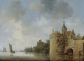 A River Estuary With Two Fishermen In A Rowing Boat Near A Fortified Town, Sailing Vessels Beyond - Wouter Knijff