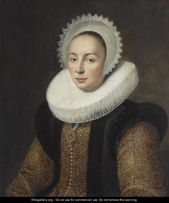 Portrait Of Magdalena Van Beresteyn (1585-1615), Half Length, Wearing A Gold Embroidered Dress With Vlieger And A Molensteenkraag, And A White Lace Bonnet - (after) Michiel Jansz. Van Mierevelt