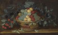 Still Life Of White Grapes, Apricots, Cherries And Plums In A Basket, Together With A Bunch Of Hazelnuts On A Ledge - H. V. Oorschot
