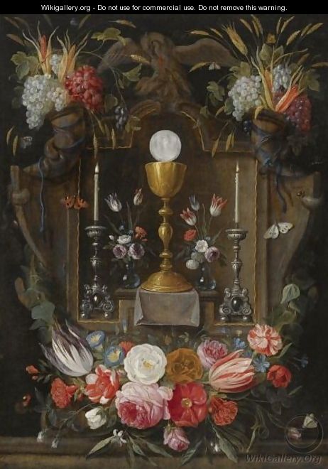 The Eucharist A Gold Chalice, A Host And Two Silver Candelabras In A Stone Niche - Jan van Kessel