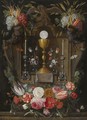 The Eucharist A Gold Chalice, A Host And Two Silver Candelabras In A Stone Niche - Jan van Kessel