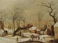 A Village Scene In Winter With Peasants Unloading A Cart In The Foreground, And A Horse And Carriage On A Path To The Left - (after) Joos De Momper
