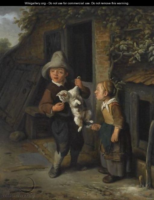 A Young Boy And Girl In Front Of A Cottage, Teasing A Cat - Cornelis Dusart
