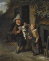 A Young Boy And Girl In Front Of A Cottage, Teasing A Cat - Cornelis Dusart