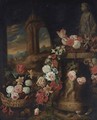 A Still Life Of Roses, Daffodils, Parrot Tulips, Snowballs And Other Flowers In Baskets - Charles Stoppelaer