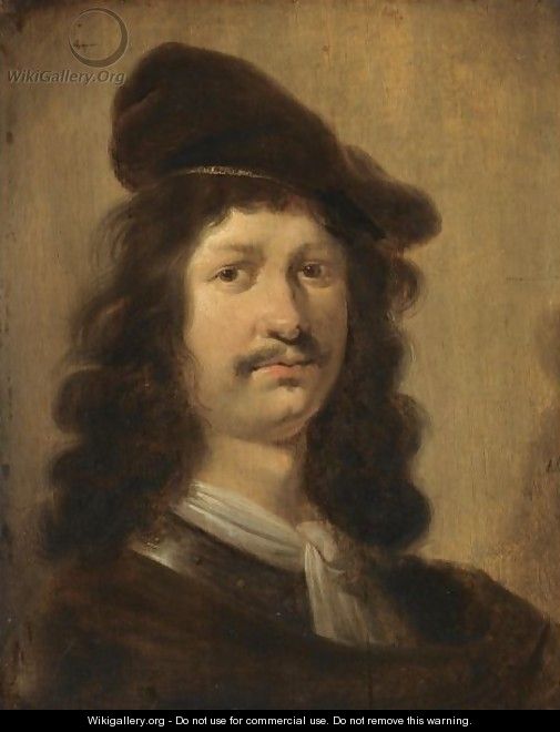 Portrait Of A Young Man With A Beret, Head And Shoulders, Wearing A Brown Costume With A White Chemise And A Gorget - Jan Olis
