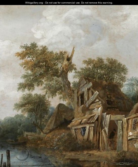 A Wooded Landscape With A Farmstead On The Banks Of A River, A Figure Entering The Cottage - Cornelius Decker