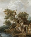 A Wooded Landscape With A Farmstead On The Banks Of A River, A Figure Entering The Cottage - Cornelius Decker