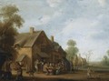 A Village Street With A Group Of Peasants Seated Outside An Inn, A Boy Playing With A Dog In The Foreground - Joost Cornelisz. Droochsloot