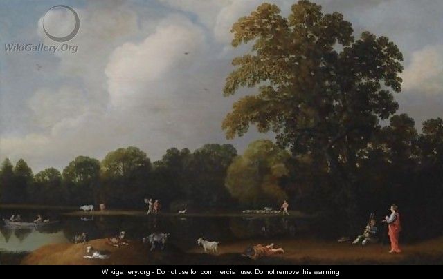 A Wooded Landscape With Shepherds And Their Flock, A Musician And A Figure In Roman Costume Near A Pond - Haarlem School
