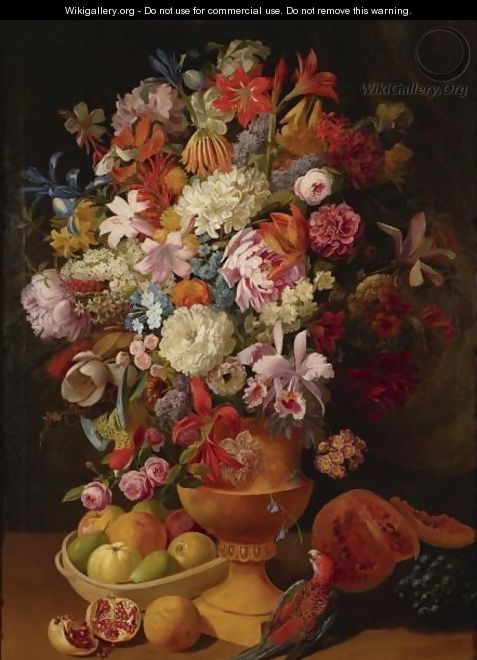 Still Life With Flowers, Fruit And Parrot - Leopold van Stoll