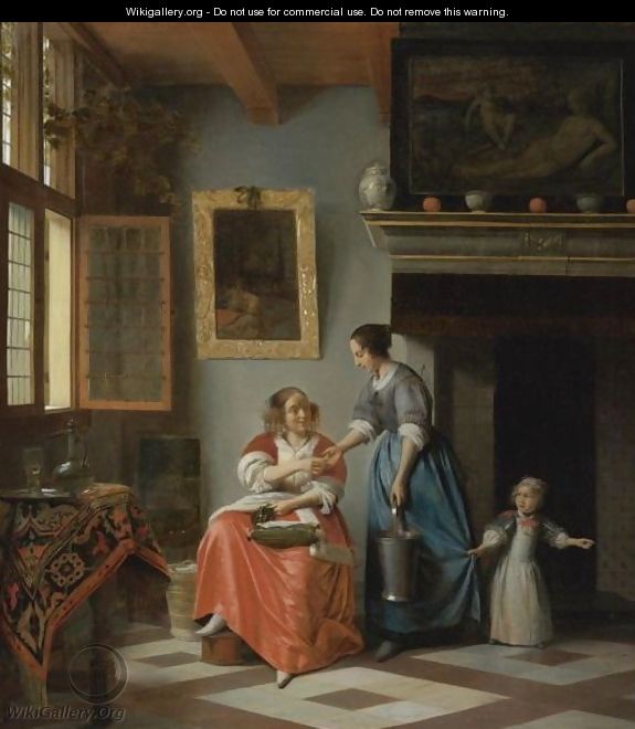 A Woman Handing A Coin To A Serving Woman With A Child - Pieter De Hooch