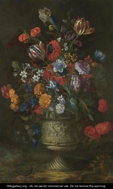 A Still Life With A Bouquet Of Flowers, Including Parrot Tulips, Irises And Morning Glory, Arranged In A Sculpted Stone Vase - French School