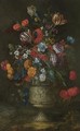 A Still Life With A Bouquet Of Flowers, Including Parrot Tulips, Irises And Morning Glory, Arranged In A Sculpted Stone Vase - French School