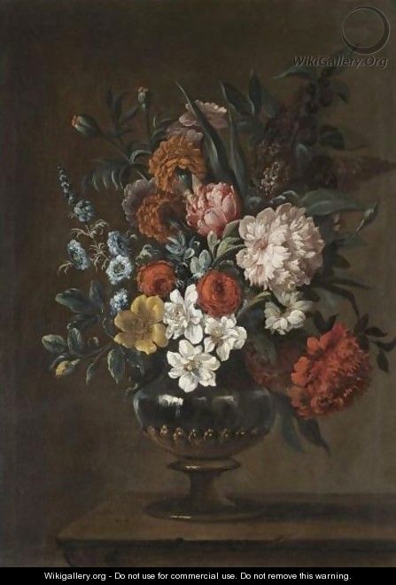 A Still Life With A Bouquet Of Flowers In A Glass Vase On A Stone Ledge - (after) Jean-Baptiste Monnoyer