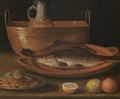 A Still Life With Carp On A Plate, A Pitcher In A Bucket, Almonds And Citrus Fruits On A Table - (after) Sebastien Stoskopff