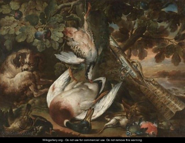 A Still Life With A Musket, A Dog And Dead Game With A Mallard Duck, A Partridge And Other Song Birds Under A Tree - North-Italian School