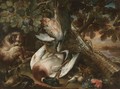 A Still Life With A Musket, A Dog And Dead Game With A Mallard Duck, A Partridge And Other Song Birds Under A Tree - North-Italian School
