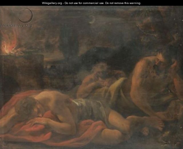 A Nocturnal Landscape With Three Figures Sleeping Beside A Fire - Venetian School