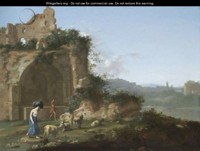 An Italianate Landscape With A Goat Herder And A Washerwoman Amongst Ruins - (after) Cornelis Van Poelenburgh