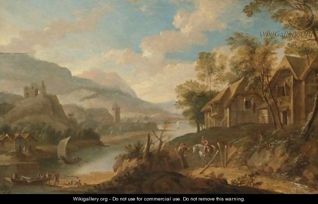 An Extensive River Landscape With A Man On Horseback Conversing With A Traveller By A House In The Foreground - Flemish School