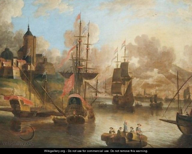 English And Dutch Shipping At Anchor Before An English Fort - Petrus van der Velden