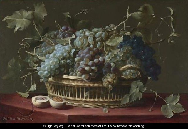 A Still Life With A Basket Of Grapes On The Vine, A Halved Peach On The Ledge Below - (after) Frans Snyders