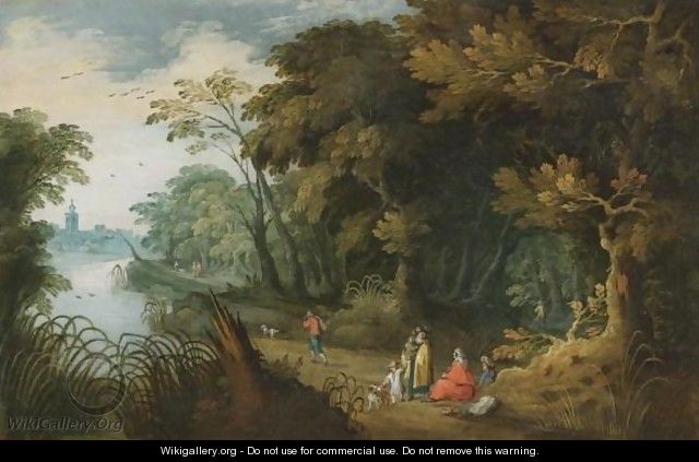 A Wooded River Landscape With Travellers Resting In The Foreground, A Church Beyond - (after) Alexander Keirincx