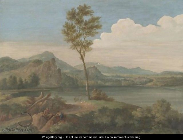An Arcadian Landscape With Two Figures Resting In The Foreground, Figures Boating In A River Beyond - (after) Jan Frans Van Orizzonte (see Bloemen)
