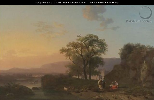 An Italianate River Landscape At Sunset With Shepherdesses Resting In The Foreground - Jacques-Antoine Vallin