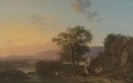 An Italianate River Landscape At Sunset With Shepherdesses Resting In The Foreground - Jacques-Antoine Vallin