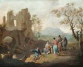 An Italianate Landscape With Travellers Resting Near Ruins And A Shepherd Tending His Flock Near A Stream - Franz Ferg