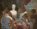 Portrait Of A Lady, Three-Quarter Length, Wearing A Blue Silk Dress With Lace Trim And A Red Shawl, Seated On A Blue Chaise Longue - (after) Nicolas De Largillierre