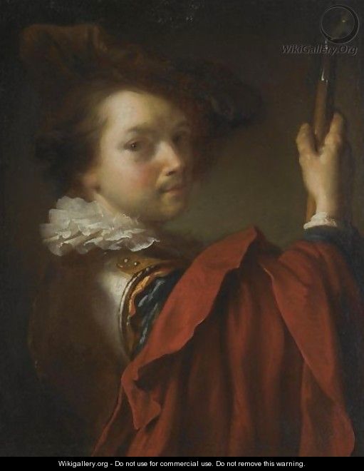 Portrait Of A Gentleman, Half Length, Wearing A Cuirasse, A Hat And A Red Cape - Jean-Alexis Grimou