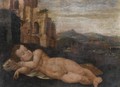 Sleeping Cupid In A Landscape With Classical Ruins - (after) Jan Van Scorel