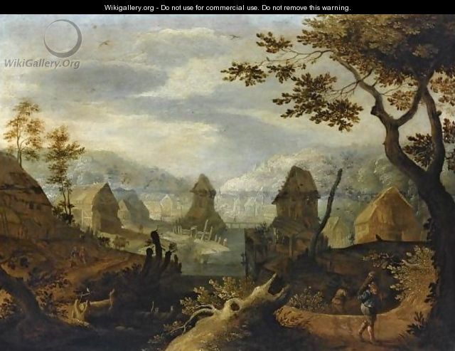 A River Landscape With A Village In Schwalbach With Travellers To The Right - Anton Mirou