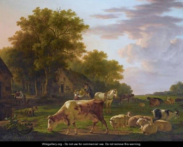 A Landscape With Cows And Sheep Near A Farmhouse, A Man In A Horse-Drawn Cart Handing Over A Copper Jug To A Woman - Jacob van Strij