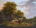A Landscape With Cows And Sheep Near A Farmhouse, A Man In A Horse-Drawn Cart Handing Over A Copper Jug To A Woman - Jacob van Strij