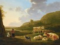 A Southern River Landscape With Shepherds Resting With Their Herd, A View Of A Ruin Beyond - Jacob van Strij