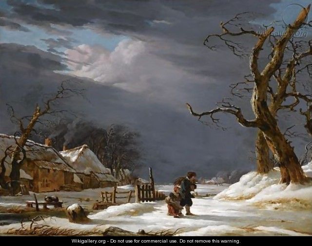 A Winter Landscape With A Man And A Child Walking Through The Snow Near A Farmhouse - Jacob van Strij