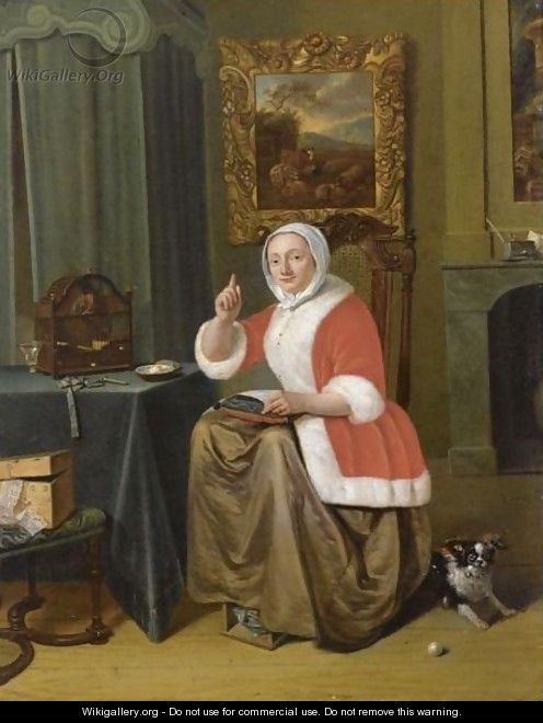 A Lady Sitting In An Interior, Embroidering At A Table With A Bird In A Birdcage, Together With A Dog - (after) Michiel Van Musscher