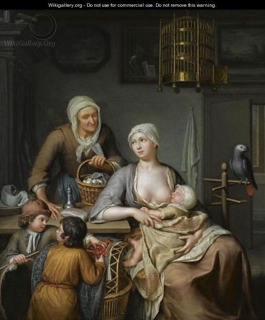A Mother Nursing A Child In An Interior - Hieronymus Van Der Mij