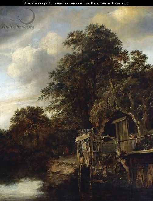 A Wooded River Landscape With A Woman And Child Looking Out Over The Water - Cornelius Decker
